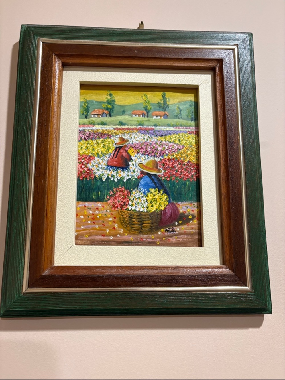 Vintage Framed Floral Field Painting - Green & Brown Frame